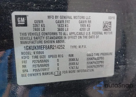 2010 GMC Yukon Xl 1500 Denali из США, поврежденный, VIN 1GKUKMEF8AR214252